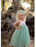 Ivory Lace Sage Green Tulle Vintage Flower Girl Dress With Beaded Sash